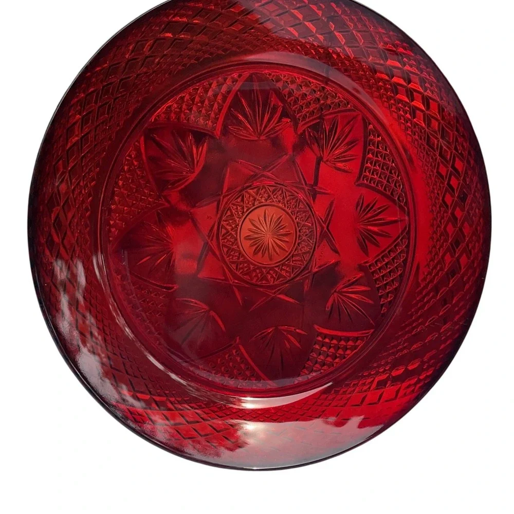Cristal D'Arques-Durand Set of 2 Ruby Red Glass Plate Diamond & Star Pattern OS